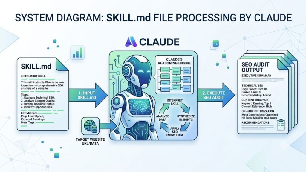 Claude SEO Skills: The Complete Guide to AI-Powered SEO (2026) 2 Diagram showing a SKILL.md file loading into Claude and producing an SEO audit output