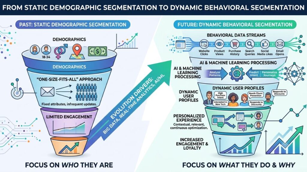AI Agent for Customer Segmentation: Transform Customer Insights with Automation 2 Diagram showing evolution from static demographic segmentation to dynamic behavioral segmentation