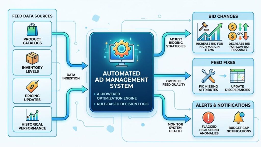 AI Agent for Shopping Campaigns: A Complete Guide for Marketers 2 Diagram showing feed data flowing into an automated system, which then outputs bid changes, feed fixes, and alerts