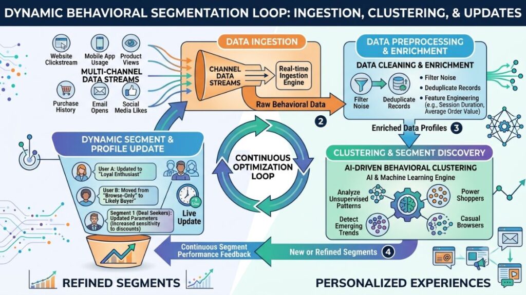 AI Agent for Customer Segmentation: Transform Customer Insights with Automation 3 Flowchart showing data ingestion, clustering, and dynamic segment updates as a continuous loop