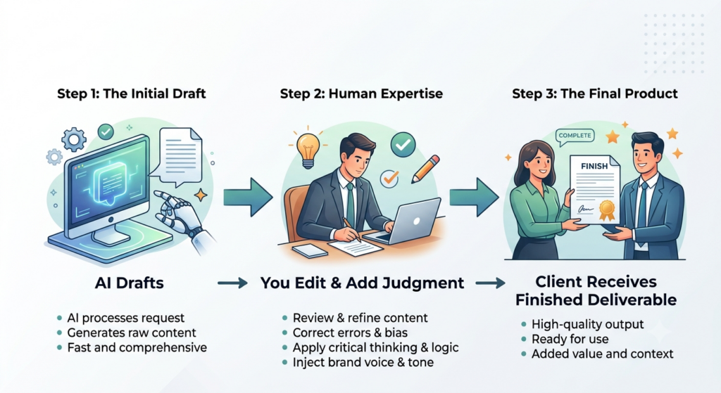 AI Side Hustles: 10 Ways to Make Extra Income With AI Tools in 2026 2 Simple diagram showing "AI drafts → you edit and add judgment → client receives finished deliverable"