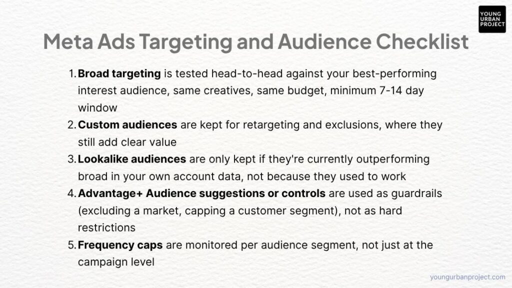 Meta Ads Optimization Checklist: The Complete Guide for Andromeda-Era Campaigns (2026) 4 Meta Ads targeting and audience checklist