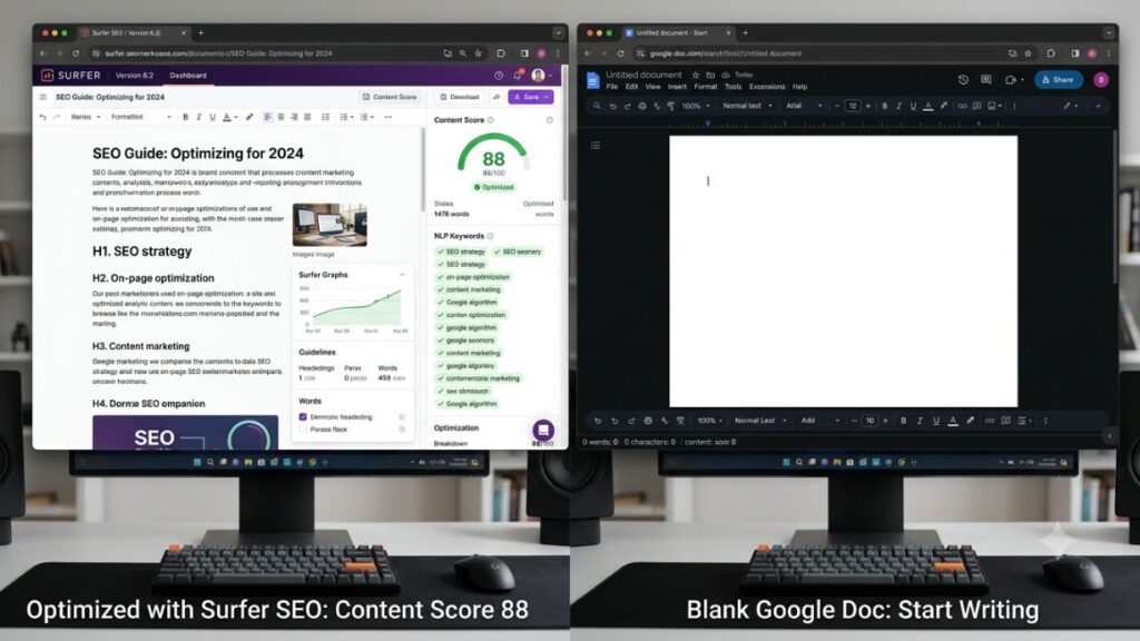 200+ Best AI Tools for Marketers, Founders, and Creators (2026 List) 2 Screenshot comparison — Surfer SEO content score vs. a blank Google Doc