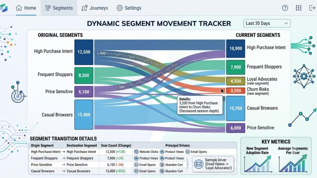 AI Agent for Customer Segmentation: Transform Customer Insights with Automation 4 Screenshot example of a dynamic segment dashboard showing customer movement between groups