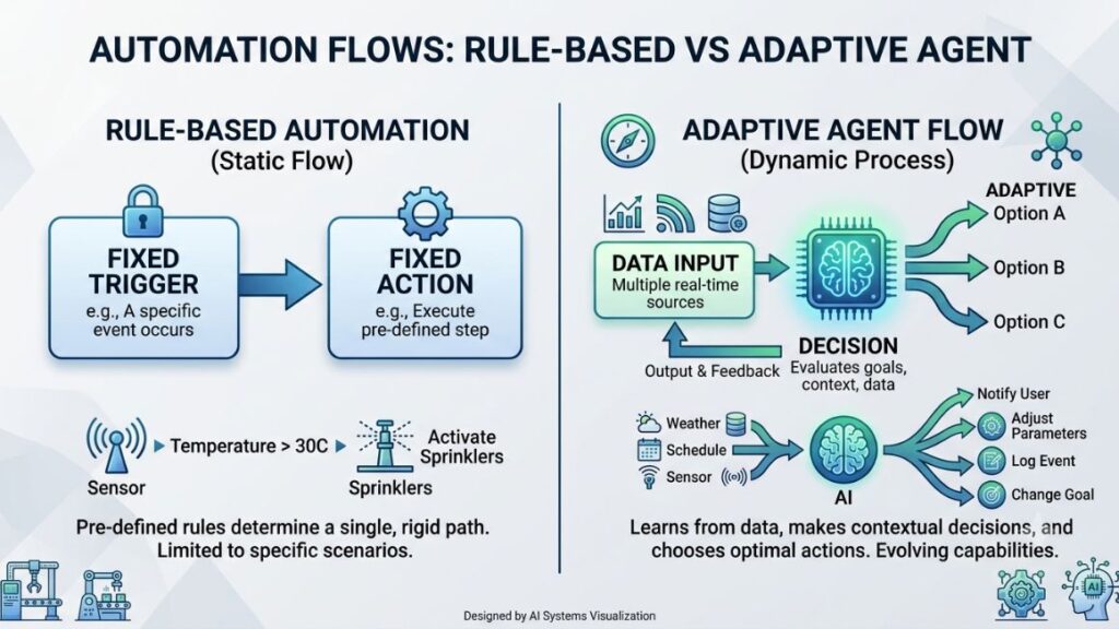 AI Agent for Lead Generation: Benefits, Use Cases & Best Practices 2 Simple diagram contrasting a rule-based automation flow (fixed trigger, fixed action) against an adaptive agent flow (data input, decision, adaptive action)
