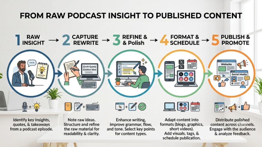 How to Find Content Ideas from Podcasts: A 5-Step Framework That Turns Insights Into Posts 2 How to Find Content Ideas from Podcasts: A 5-Step Framework That Turns Insights Into Posts 1