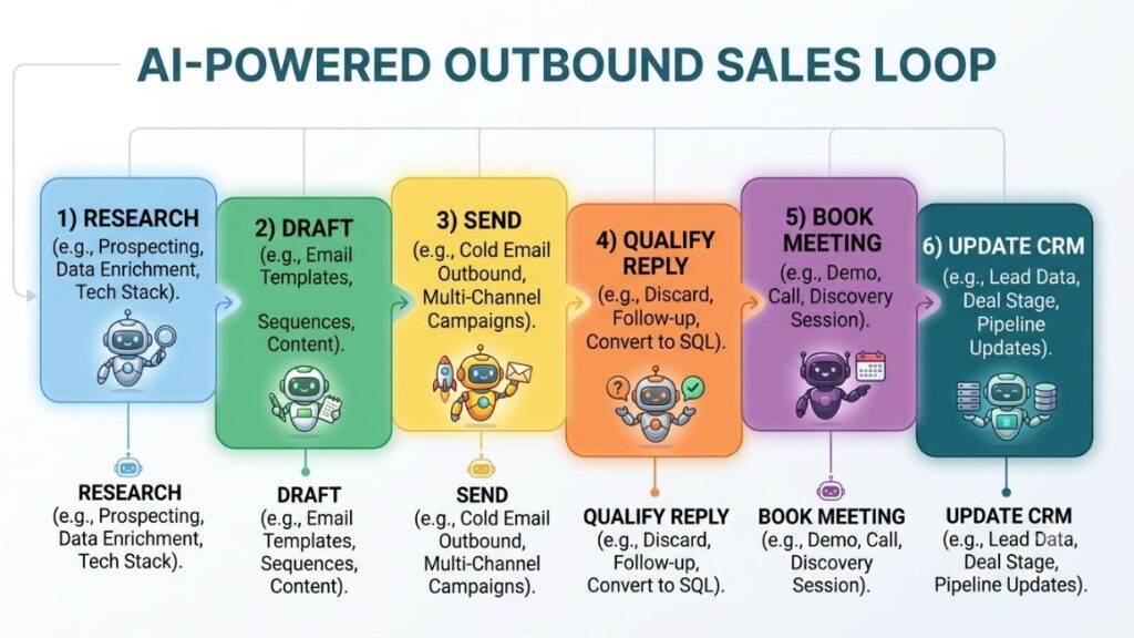 AI Agent for Sales Outreach: Complete Guide for Modern Sales Teams (2026) 2 Simple diagram showing the outbound loop - research, draft, send, qualify reply, book meeting, update CRM - with a small robot icon overlaid on each stage