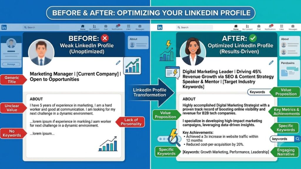100+ LinkedIn Growth Hacks That Actually Work in 2026 (Organized by Goal) 2 Before/after example of a weak vs. optimized LinkedIn headline and About section
