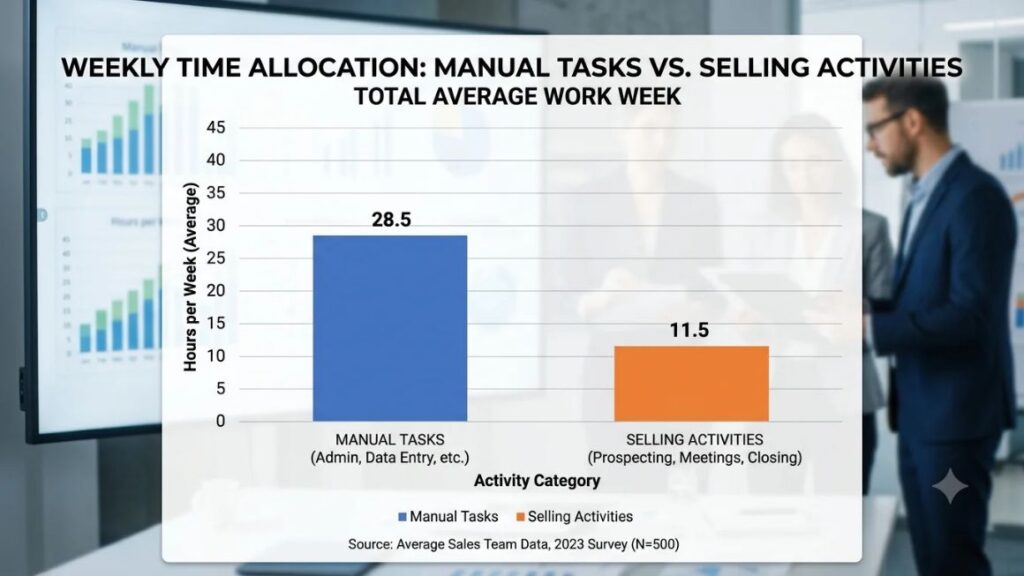 20 AI Sales Automation Tools to Streamline Lead Management and Outreach 2 Chart showing hours per week sellers spend on manual tasks vs. selling activities