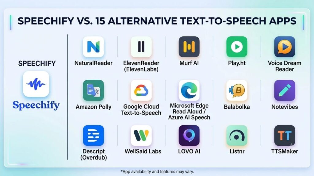 15 Best Speechify Alternatives for Students, Professionals & Creators 2 Comparison graphic showing Speechify logo next to 15 alternative app icons