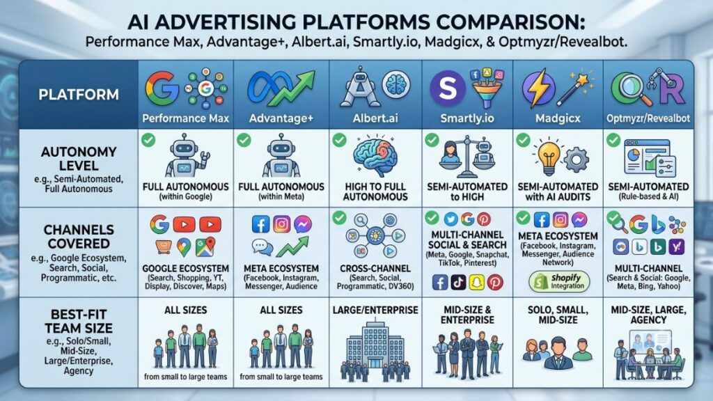 AI Agent for Campaign Optimization: From Data Analysis to Automation 3 Comparison table of Performance Max, Advantage+, Albert.ai, Smartly.io, Madgicx, and Optmyzr/Revealbot across autonomy level, channels covered, and best-fit team size