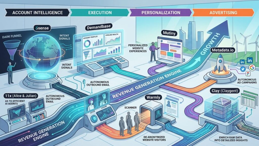 AI Agents for Account-Based Marketing: Strategies, Tools & Examples 3 Comparison table of the eight tools above by category: account intelligence, execution, personalization, and advertising