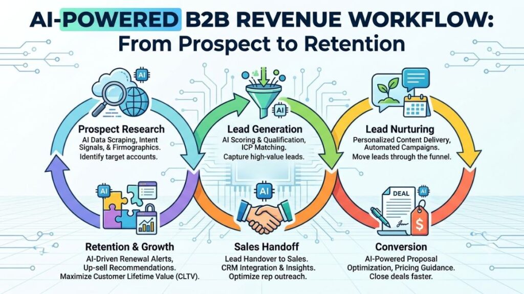 AI Agents for B2B Marketing: Strategies to Boost Leads, Sales & ROI 2 Diagram showing an AI-powered B2B revenue workflow from prospect research to lead generation, nurturing, sales handoff, conversion, and retention