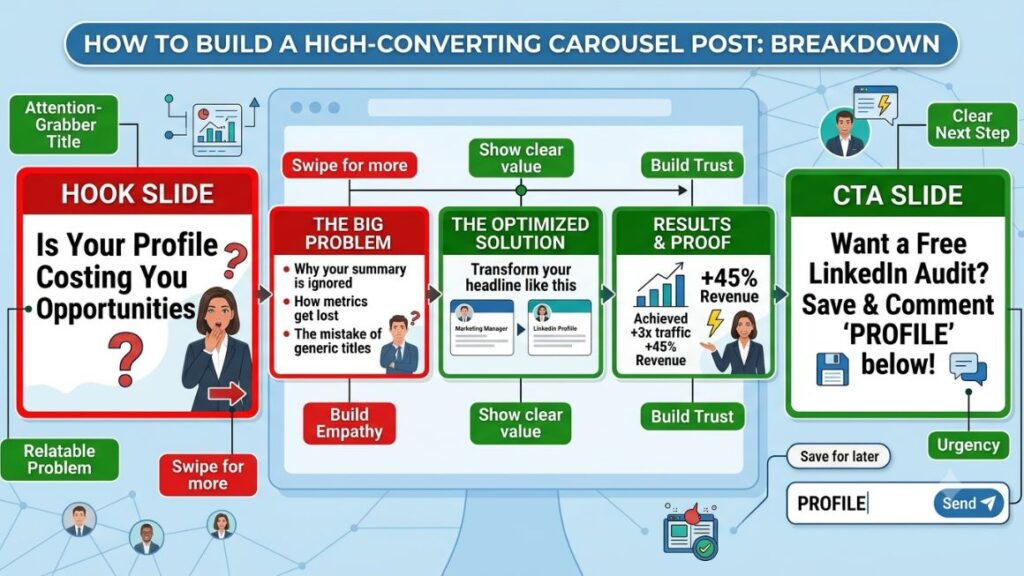 100+ LinkedIn Growth Hacks That Actually Work in 2026 (Organized by Goal) 3 Example carousel post breakdown showing hook slide, structure, and CTA slide