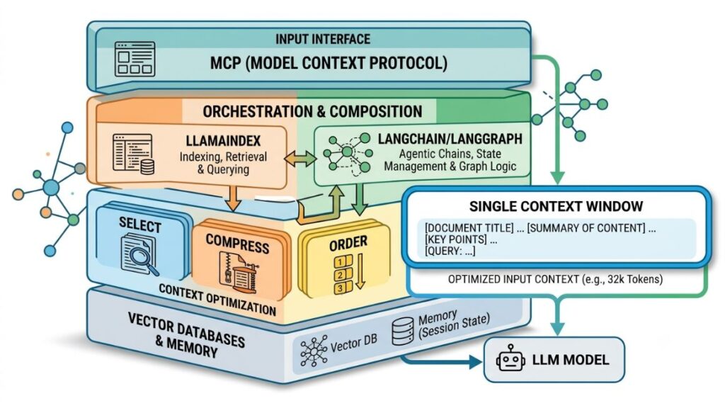 What Is Context Engineering? Meaning, Benefits, Examples & Best Practices 3 Layered stack diagram showing MCP, LangChain/LangGraph, LlamaIndex, vector databases, and memory layers as stages in a single context pipeline