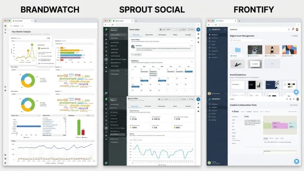 Brand Management Challenges: How to Build and Protect a Strong Brand 2 Screenshot grid showing dashboards of Brandwatch, Sprout Social, and Frontify side by side