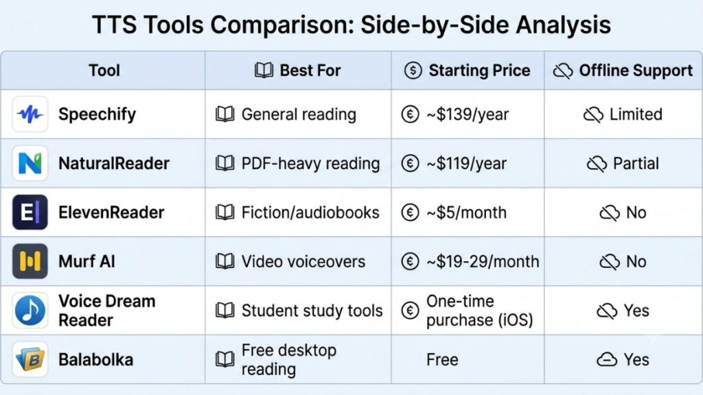 15 Best Speechify Alternatives for Students, Professionals & Creators 5 Side-by-side comparison table graphic for web display