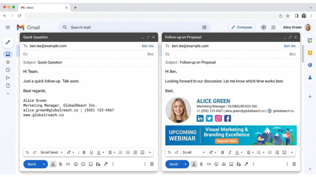10 Best Email Signature Generators to Create Professional Signatures (2026) 2 Side-by-side screenshot mockup showing a plain text signature versus a designed HTML signature with logo, social icons, and banner