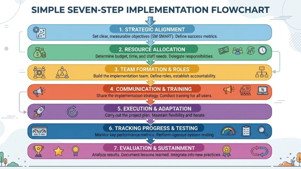 AI Agent for Enterprise Marketing: Features, Tools & Real-World Examples 5 Simple flowchart of the seven-step implementation sequence