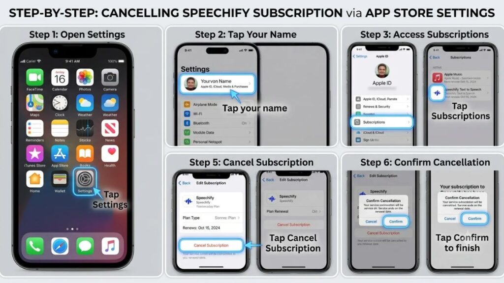 15 Best Speechify Alternatives for Students, Professionals & Creators 6 step-by-step screenshot sequence for cancelling a Speechify subscription via App Store settings