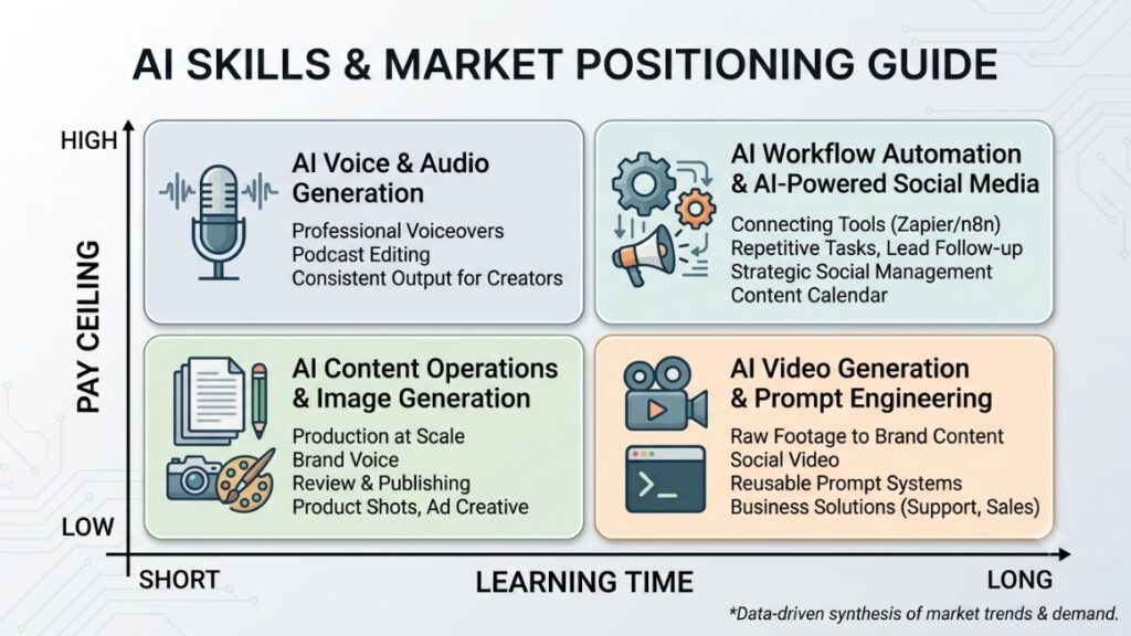 15 In-Demand AI Skills in 2026 That Can Help You Escape the 9-to-5 2 A 2x2 grid visualizing 15 in-demand AI skills, plotted by learning time vs. pay ceiling.