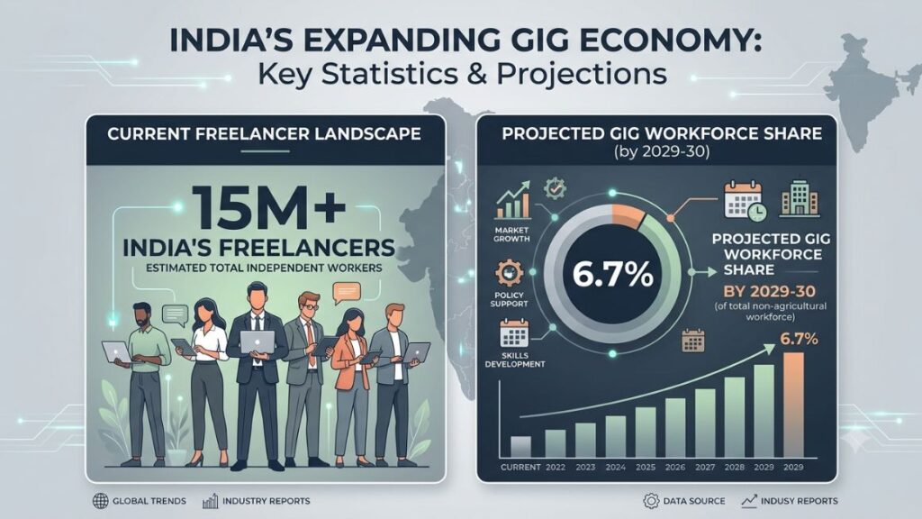 How to Use AI to Run a One-Person Marketing Agency? 3 A simple stat callout graphic showing India's 15M+ freelancers and the projected 6.7% gig-workforce share by 2029-30