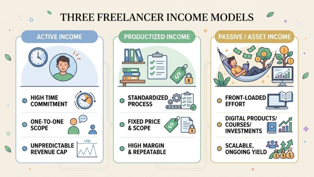 Diversifying Income as a Freelancer: Beyond Just Client Work 2 Diagram comparing active client work, productized services, and passive income streams for freelancers - Diversifying Income as a Freelancer
