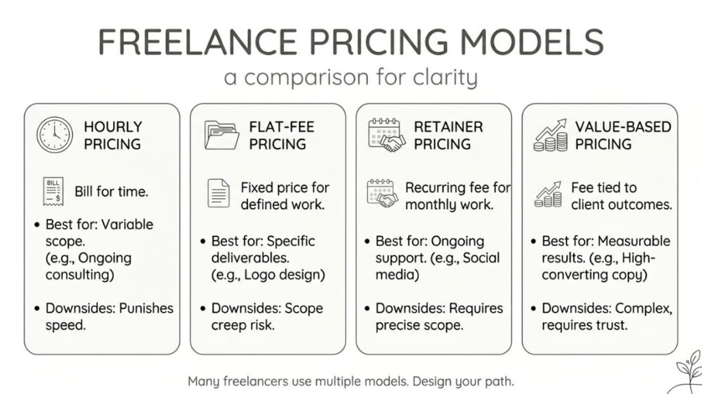 How to Price Your Freelance Services When You're Just Starting Out? 3 An infographic comparing four common freelance pricing models