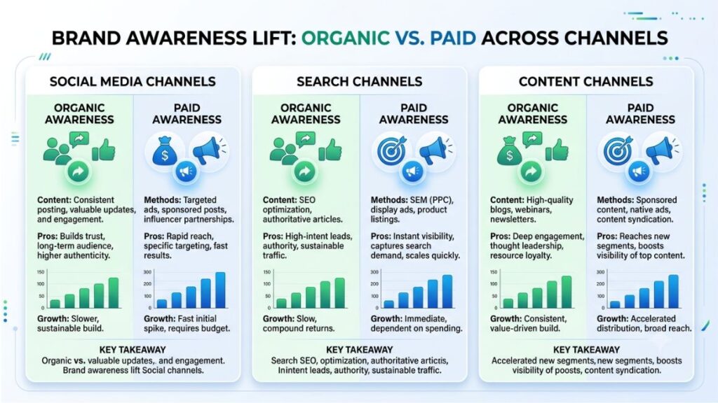 Importance of Brand Management: Strategies, Benefits & Best Practices 3 Chart comparing organic vs paid brand awareness lift across social, search, and content channels