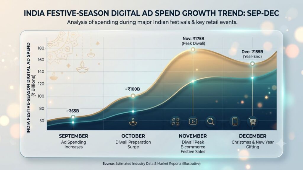 Campaign Optimization Strategies: How to Cut Cost Per Result Without Increasing Budget 6 Chart showing India festive-season digital ad spend growth trend, September through December