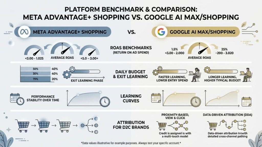 AI Agent for Shopping Campaigns: How They Work and How to Use One in 2026 3 Comparison infographic detailing Meta Advantage Plus vs Google Ads AI Max performance benchmarks and campaign learning curves