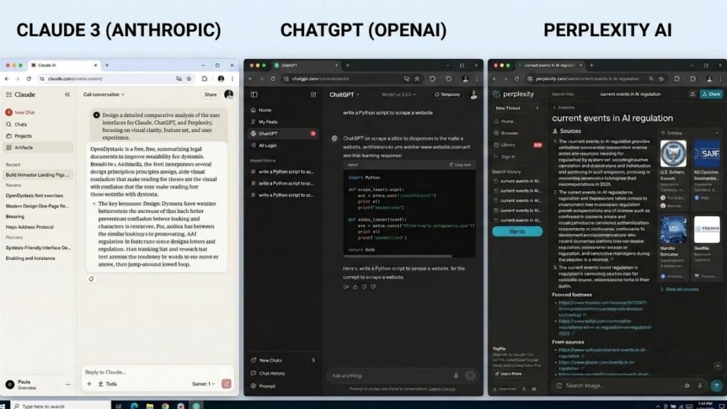 The Best AI Tools For Freelancers Working Solo In 2026 2 Comparison of Claude, ChatGPT, and Perplexity interfaces, some of the Best AI Tools For Freelancers.