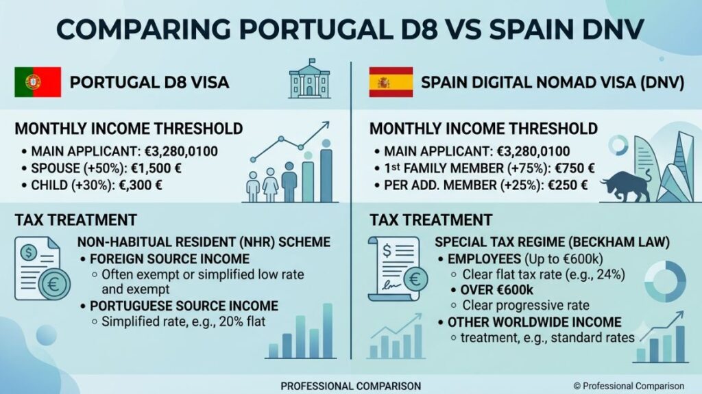 Best Countries for Digital Nomads in 2026: Visas, Cost of Living, and Time Zones 3 Comparison of Portugal D8 and Spain DNV showing income and tax.