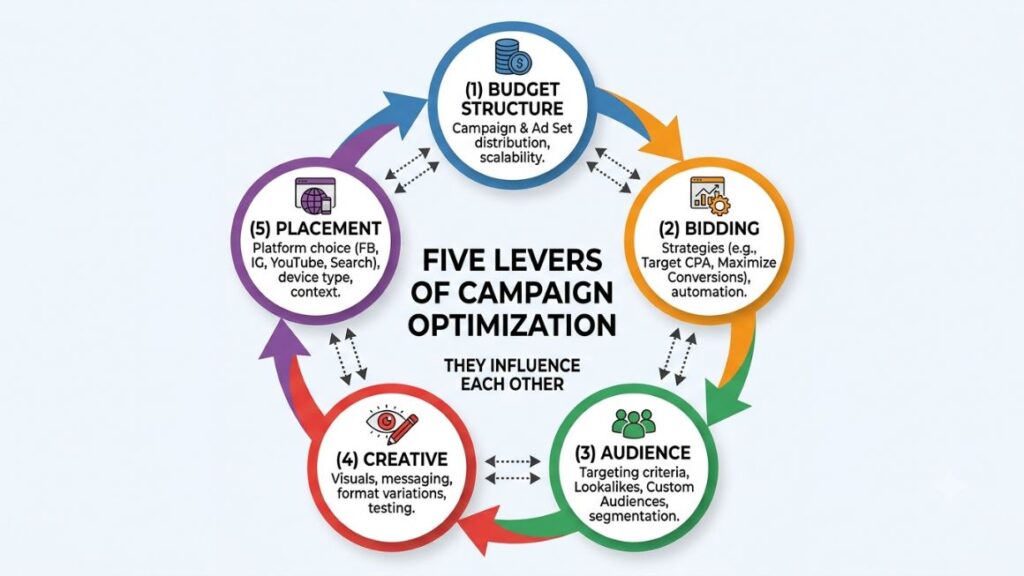 Campaign Optimization Strategies: How to Cut Cost Per Result Without Increasing Budget 2 Cyclical diagram showing the five levers of Campaign Optimization Strategies, with budget structure, bidding, audience, creative, and placement connected in a continuous loop by arrows.