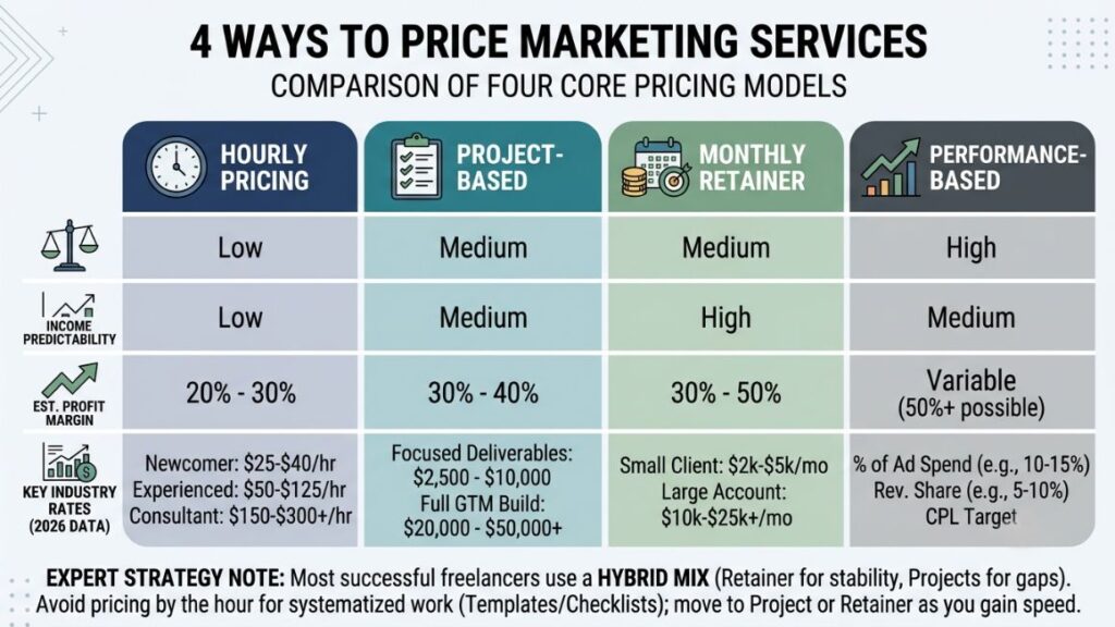 How to Make Money Offering Marketing Services (Side Hustle to Full-Time) 3 Diagram comparing four marketing service pricing models hourly, project-based, retainer, and performance-based.