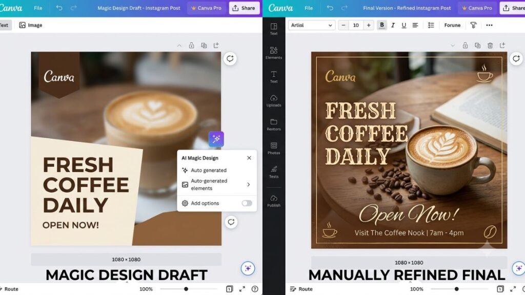 The Best AI Tools For Freelancers Working Solo In 2026 4 Example of a Canva Magic Design draft next to a manually refined final version