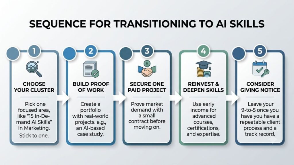 15 In-Demand AI Skills in 2026 That Can Help You Escape the 9-to-5 4 Flow diagram showing 15 In-Demand AI Skills structured into a 5-step roadmap Pick cluster, Build proof, Take paid project, Deepen skills, Give notice.