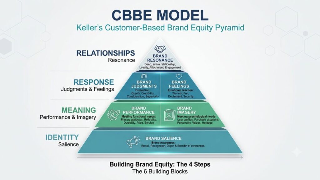 What Is Customer-Based Brand Equity? Definition, Model & Examples 3 Full CBBE pyramid diagram showing all four levels with the six building blocks labeled