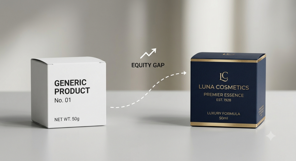 What Is Customer-Based Brand Equity? Definition, Model & Examples 2 Simple visual comparing a generic unbranded product next to a branded equivalent, showing the "equity gap" in perceived value