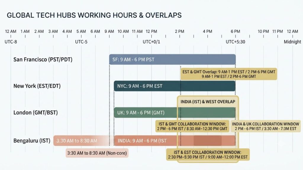 Best Apps for Managing Time Zones When Your Team and Clients Are Scattered Globally 2 Global time zone map showing overlap hours between IST, GMT, and EST for distributed remote teams. Best Apps for Managing Time Zones