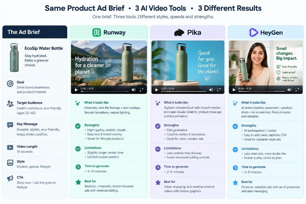 AI Tools for Marketing: 150+ Tools to Build Your Stack in 2026 3 Grid showing the same product ad brief run through 3 different AI video tools