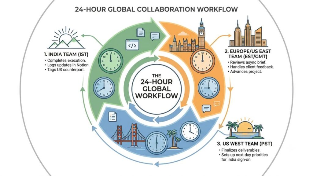 Best Apps for Managing Time Zones When Your Team and Clients Are Scattered Globally 3 Infographic explaining the follow-the-sun workflow principles for async task handoffs across global time zones.
