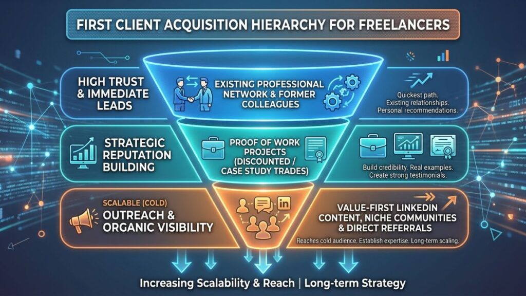 How to Make Money Offering Marketing Services (Side Hustle to Full-Time) 4 Inverted funnel diagram illustrating the fastest client acquisition channels for new marketing freelancers.
