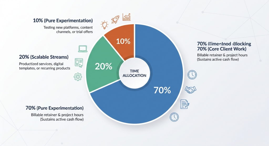 Diversifying Income as a Freelancer: Beyond Just Client Work 3 Pie chart illustrating the 70 20 10 time allocation model for freelancers balancing client work and passive income.