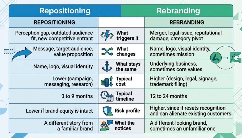 Repositioning vs Rebranding: How to Know Which One Your Brand Actually Needs 3 Repositioning vs Rebranding table