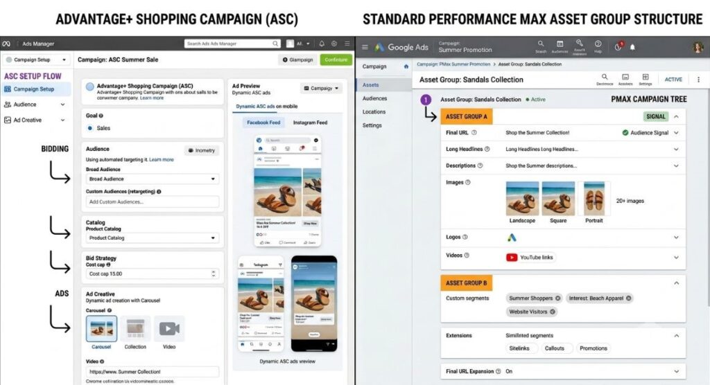 Campaign Optimization Strategies: How to Cut Cost Per Result Without Increasing Budget 5 Screenshot comparison showing Advantage+ Shopping campaign setup vs standard Performance Max asset group structure