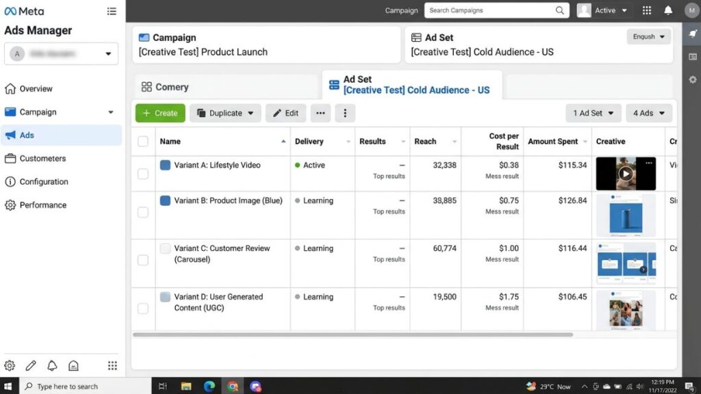Campaign Optimization Strategies: How to Cut Cost Per Result Without Increasing Budget 4 Screenshot example of a Meta Ads Manager creative test setup showing 3-5 ad variants within one ad set
