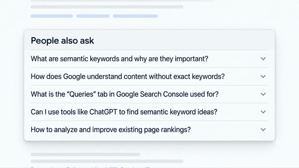 Semantic Keywords: How to Find and Use Them for Better Rankings in 2026? 5 Screenshot mockup of a People Also Ask box expanded with sample questions