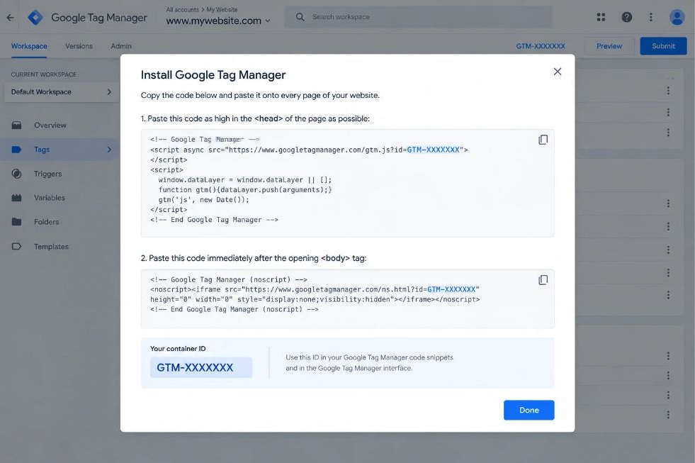 Google Tag Manager Cheatsheet: Set Up GA4, Meta Pixel and Meta CAPI in 7 Days 3 Screenshot of GTM's Install Google Tag Manager dialog showing the two snippets and the GTM container ID