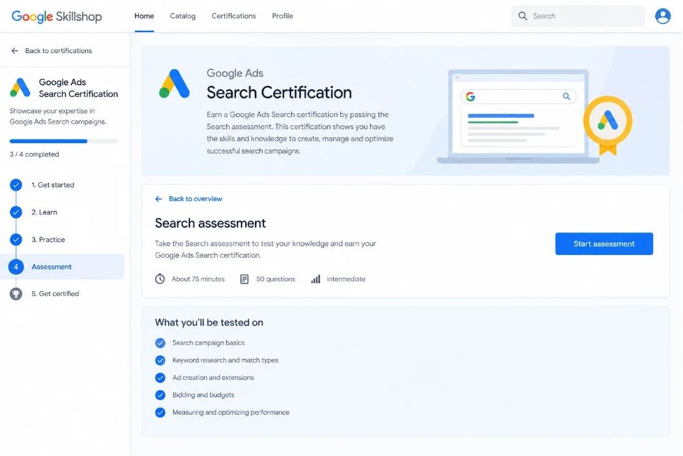 Step-by-Step Guide to Become a Google Ads Expert in 2026 4 IScreenshot of the Skillshop Google Ads certification page showing the Search assessment